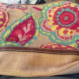 Fossil Brown Vintage Fossil Canvas Bag  pink & teal floral paisley Leather Patch